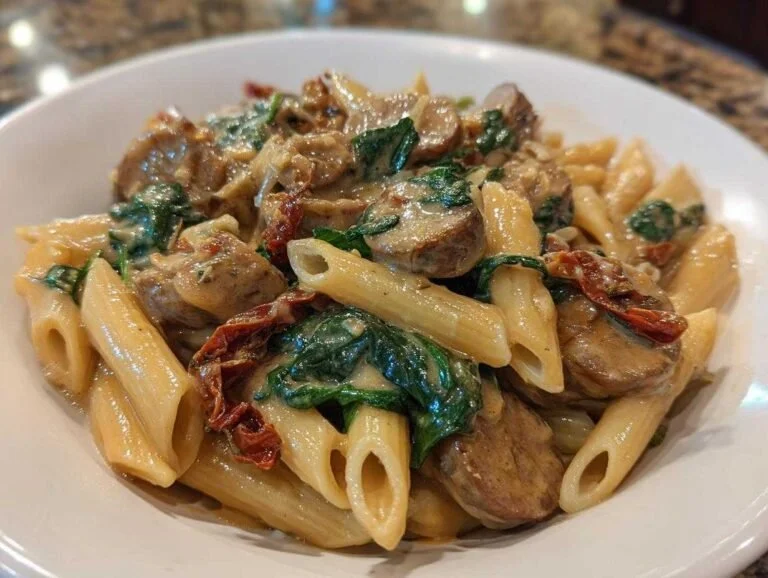 Delicious 1-pan chicken sausage pasta dish ready to serve