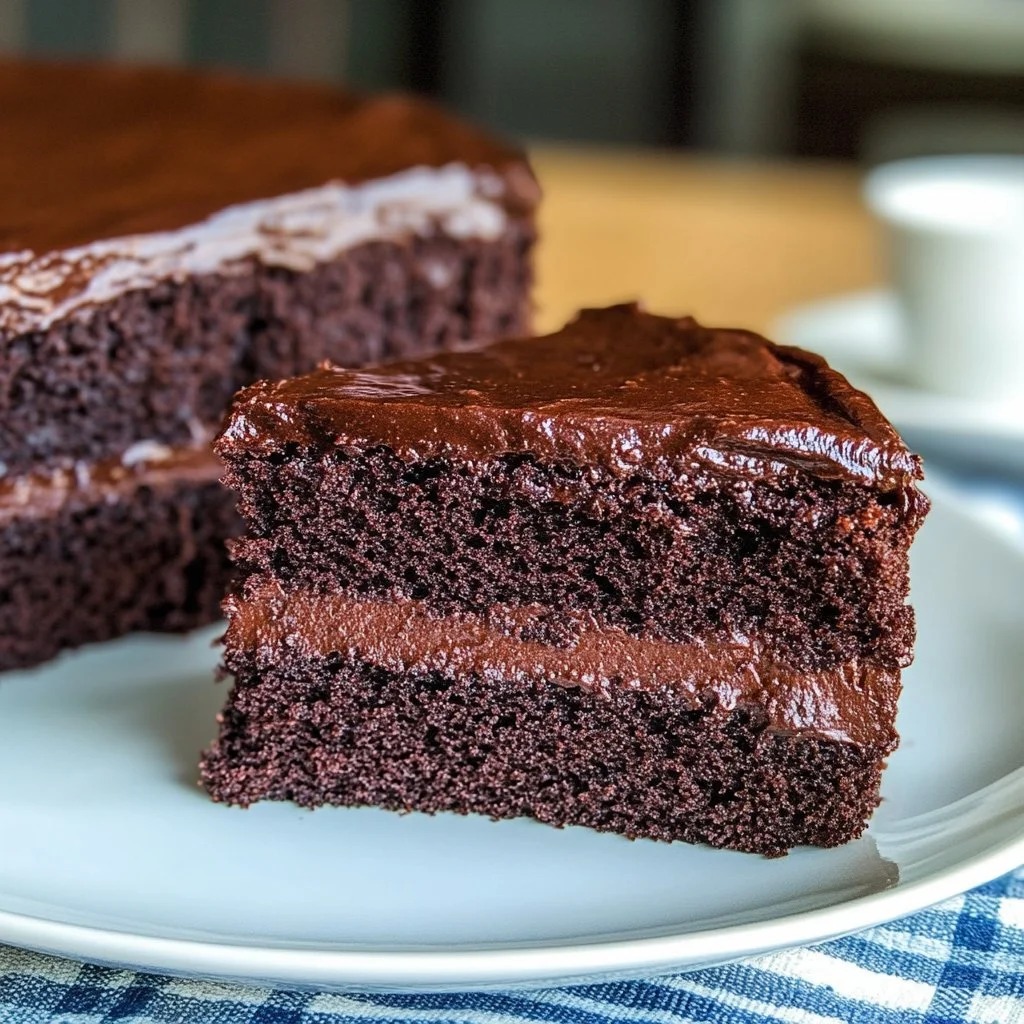 A generous slice of 1930's Chocolate Cake on a vintage plate.