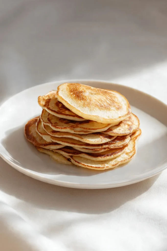 Two-ingredient banana pancakes stacked on a plate, ready to eat.