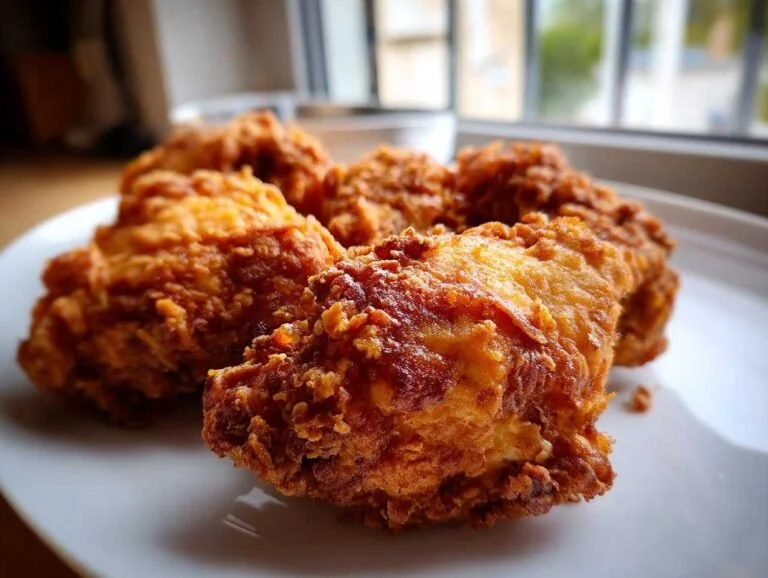Plate of amazing crispy fried chicken with golden brown crust