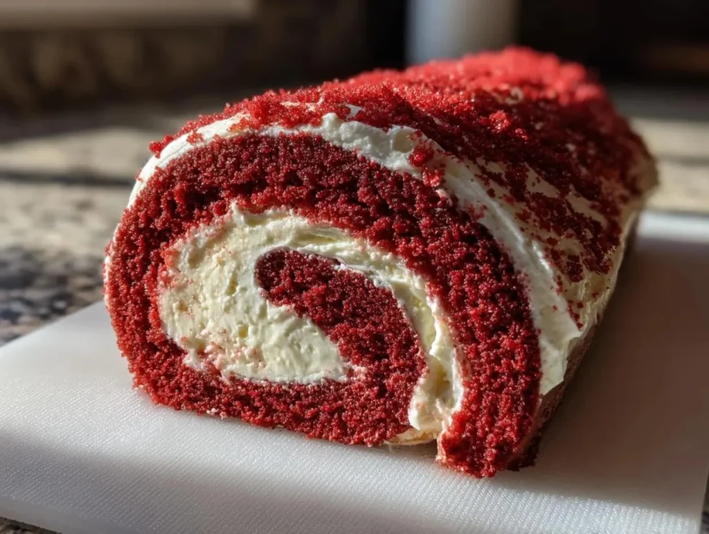 Amazing red velvet cake roll on a white plate with cream cheese frosting