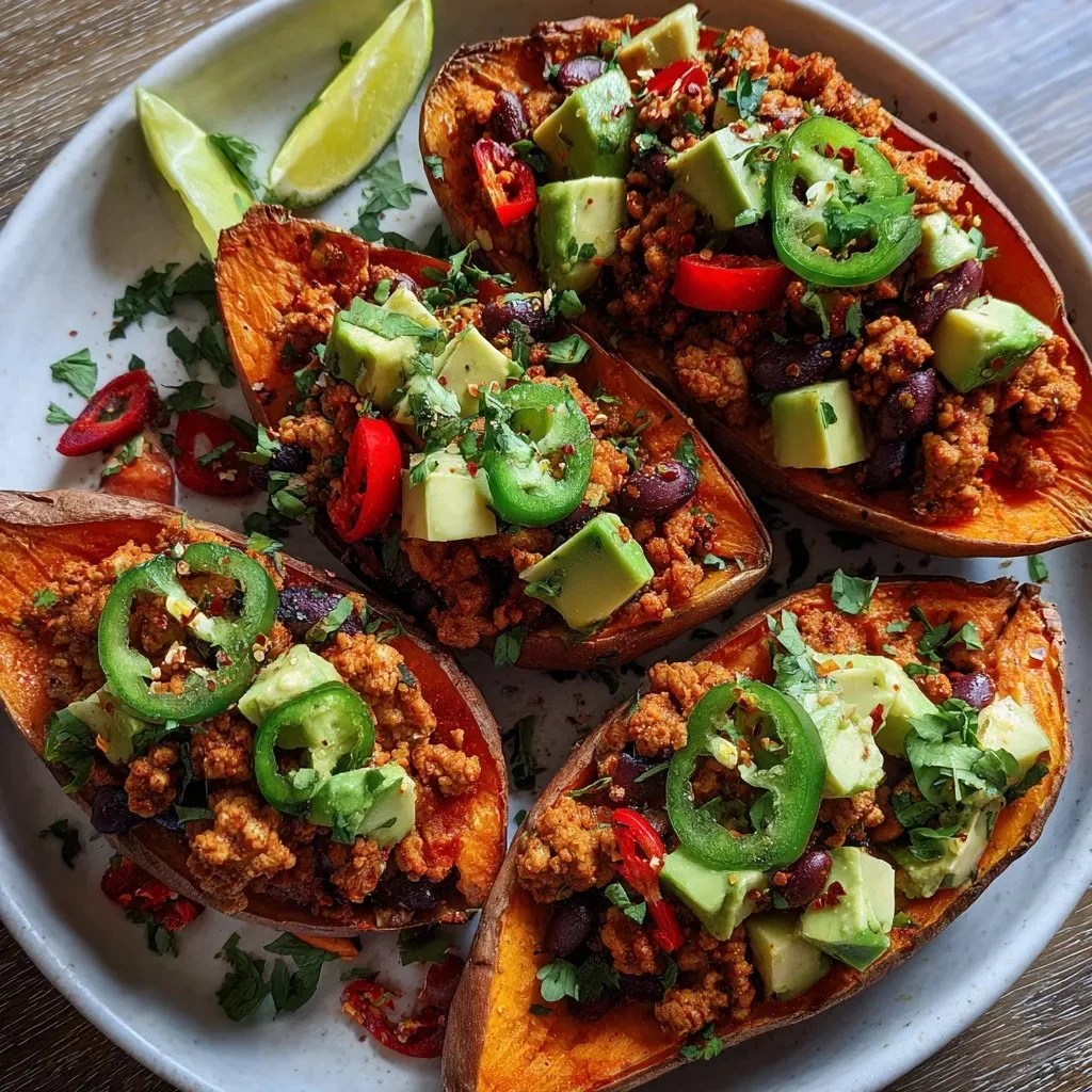 Avocado Turkey Chili stuffed sweet potatoes on a rustic wooden table