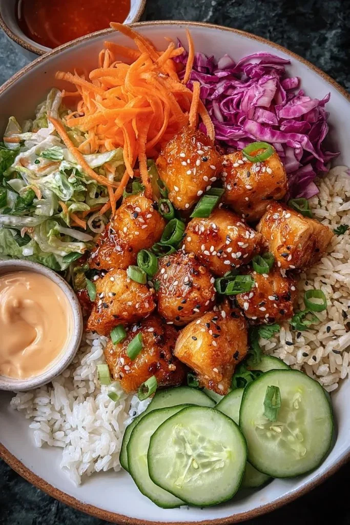 Delicious Bang Bang Salmon Bites served in a bowl with fresh ingredients