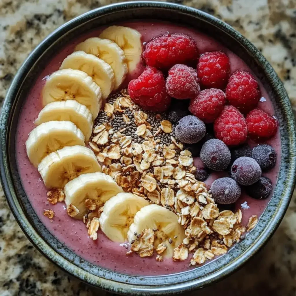 Delicious berry banana smoothie bowl topped with fresh fruits and granola