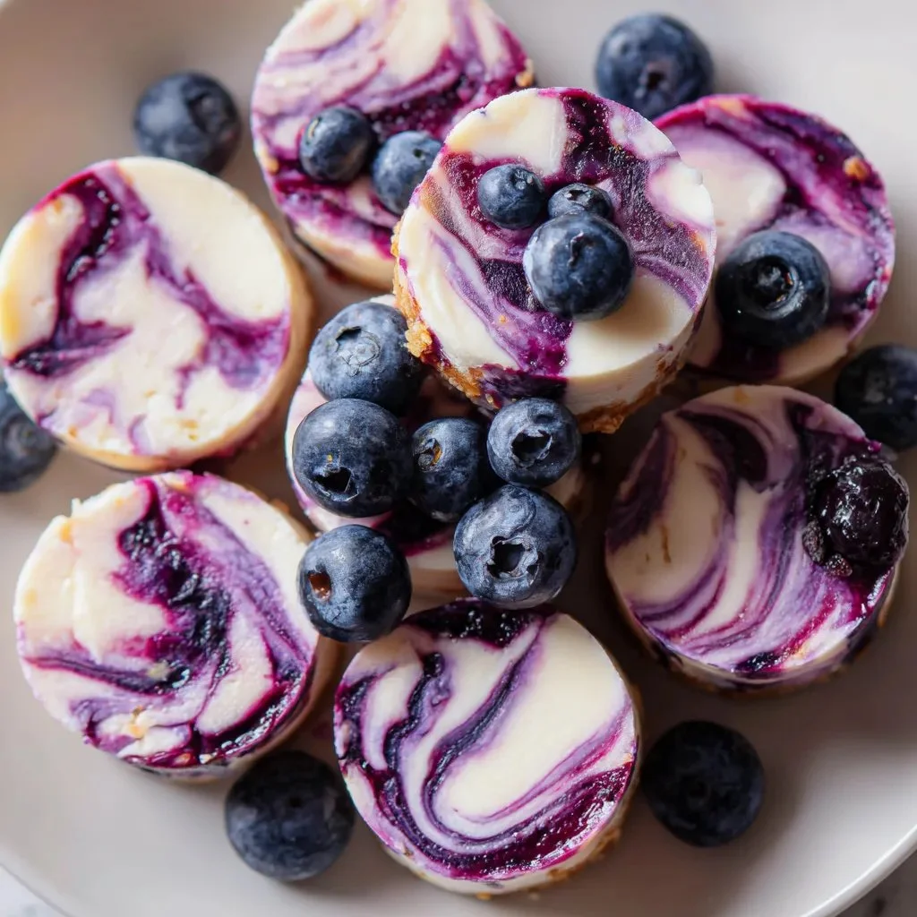 Blueberry swirl yogurt bites in a bowl next to fresh blueberries