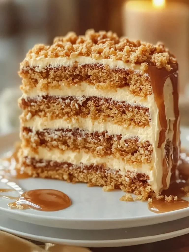 Delicious Caramel Crunch Layer Cake with a rich caramel topping and crunchy layers.