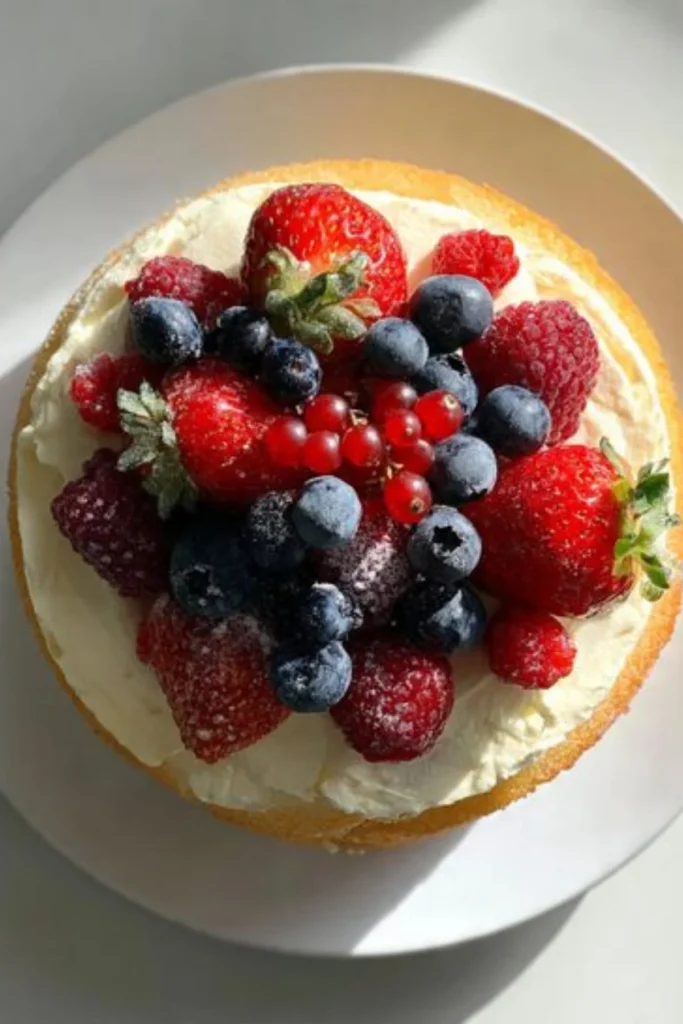 Delicious Chantilly Cream Cake topped with fresh fruits and whipped cream.