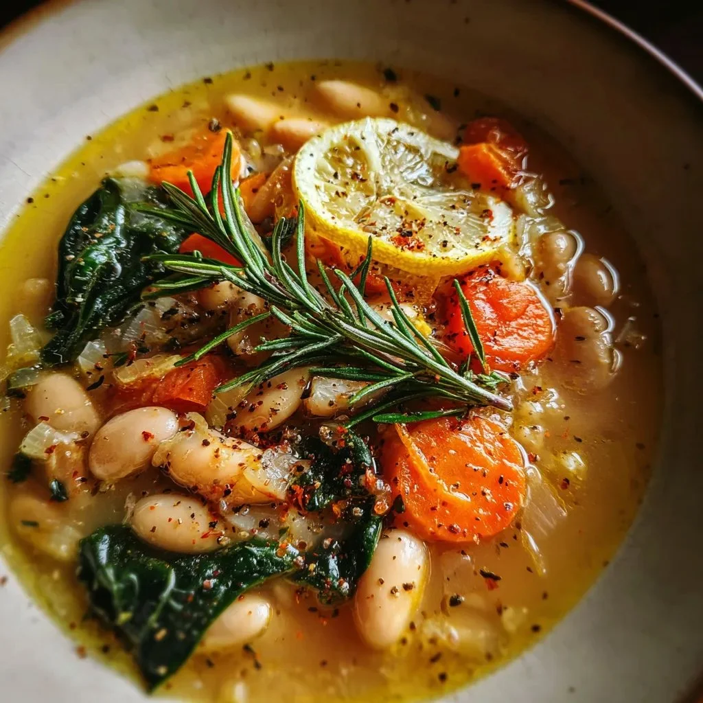 Cozy rosemary and garlic white bean soup in a bowl with herbs