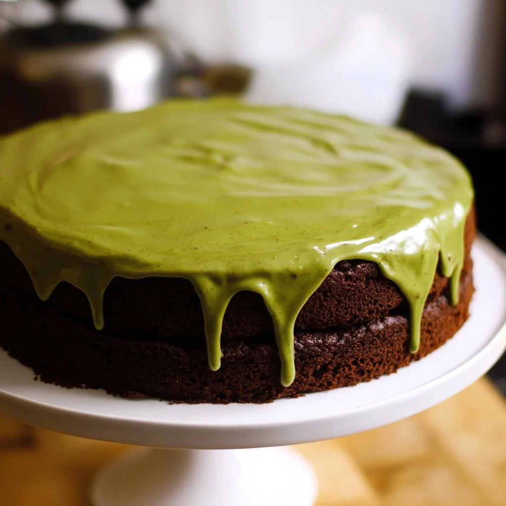 Dark Chocolate Ganache Cake with Avocado Buttercream slice on a plate