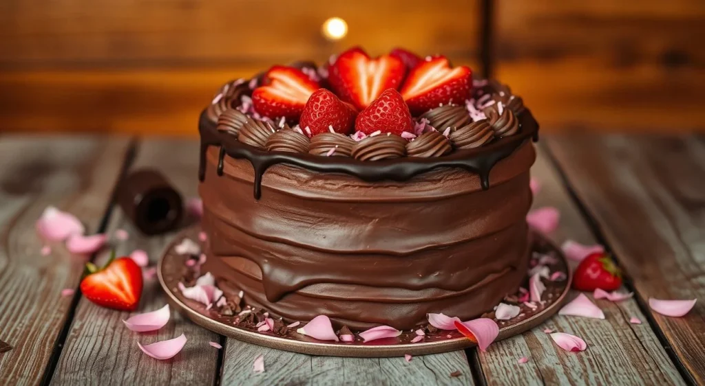 Decadent chocolate Valentine's Day cake with rich frosting and decorations.