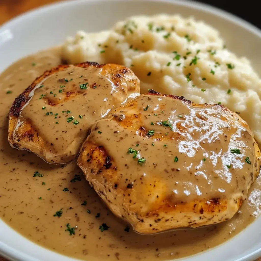 Delicious easy chicken and gravy served on a plate with sides.