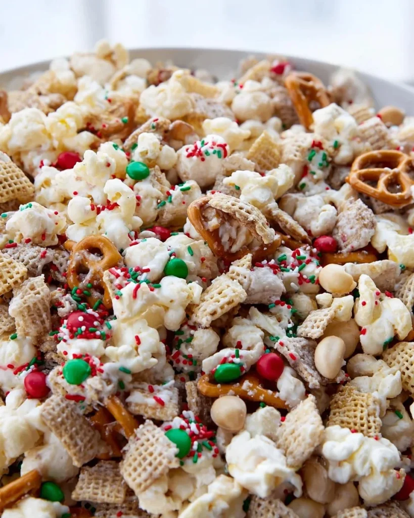 Bowl of Easy Gluten Free Reindeer Chow with festive decorations