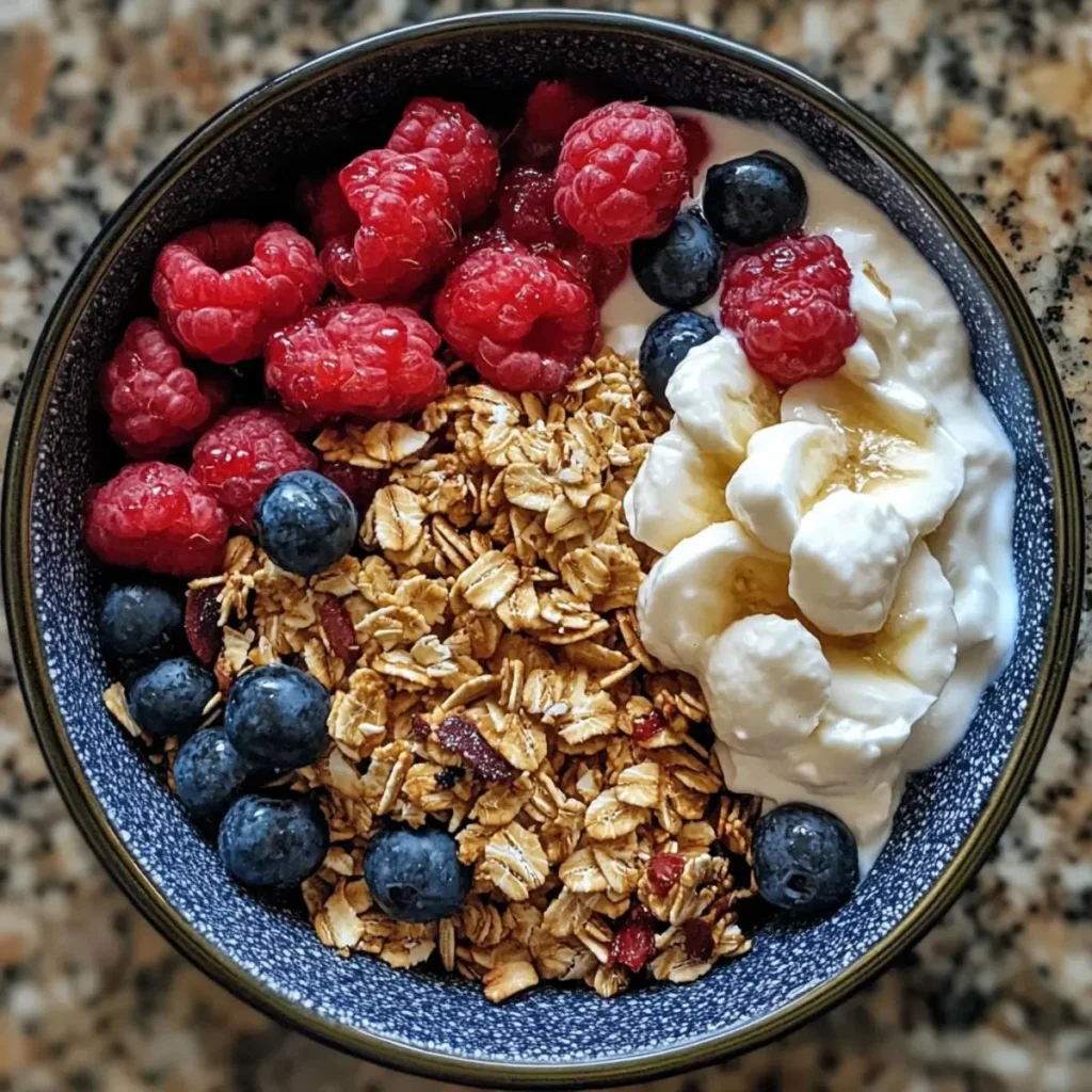 Delicious Greek yogurt granola bowl topped with fresh fruits and nuts
