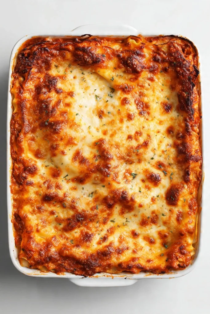 A plate of easy lasagna topped with cheese and herbs, ready to be served.