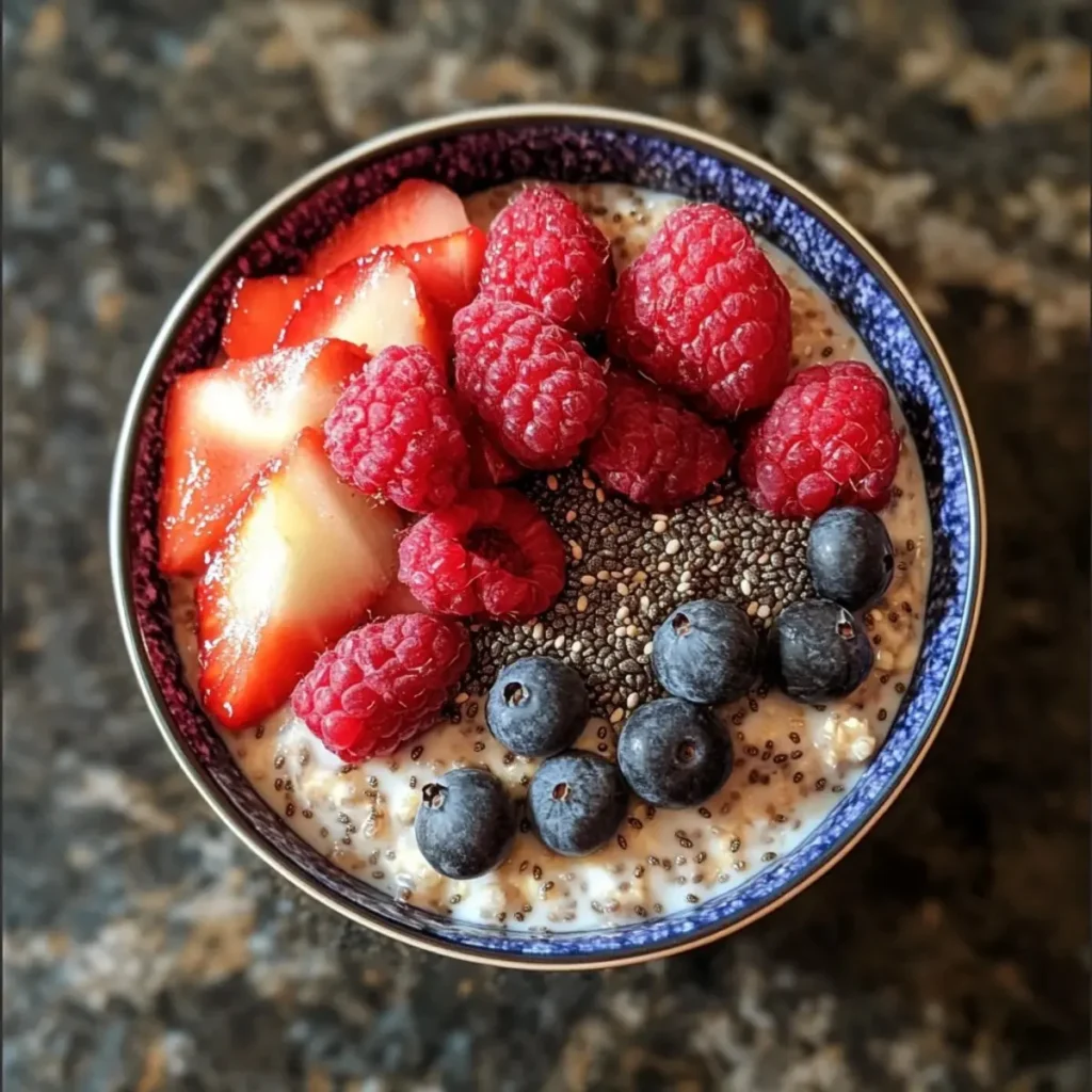 Bowl of easy overnight oats with chia seeds, topped with fresh fruits