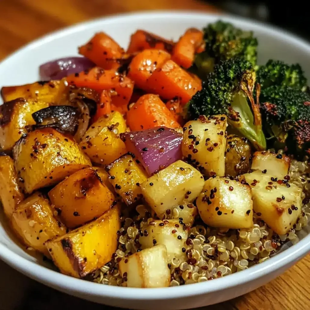 Easy quinoa roasted veggie bowl with colorful vegetables and herbs
