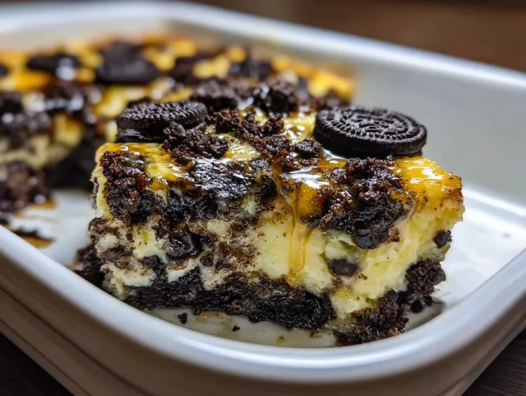 Delicious fast Oreo Dump Cake ready to serve, chocolatey and creamy dessert