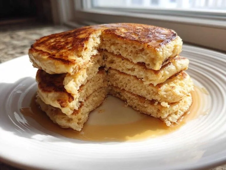 Fluffy Greek yogurt pancakes stacked on a plate with syrup and berries