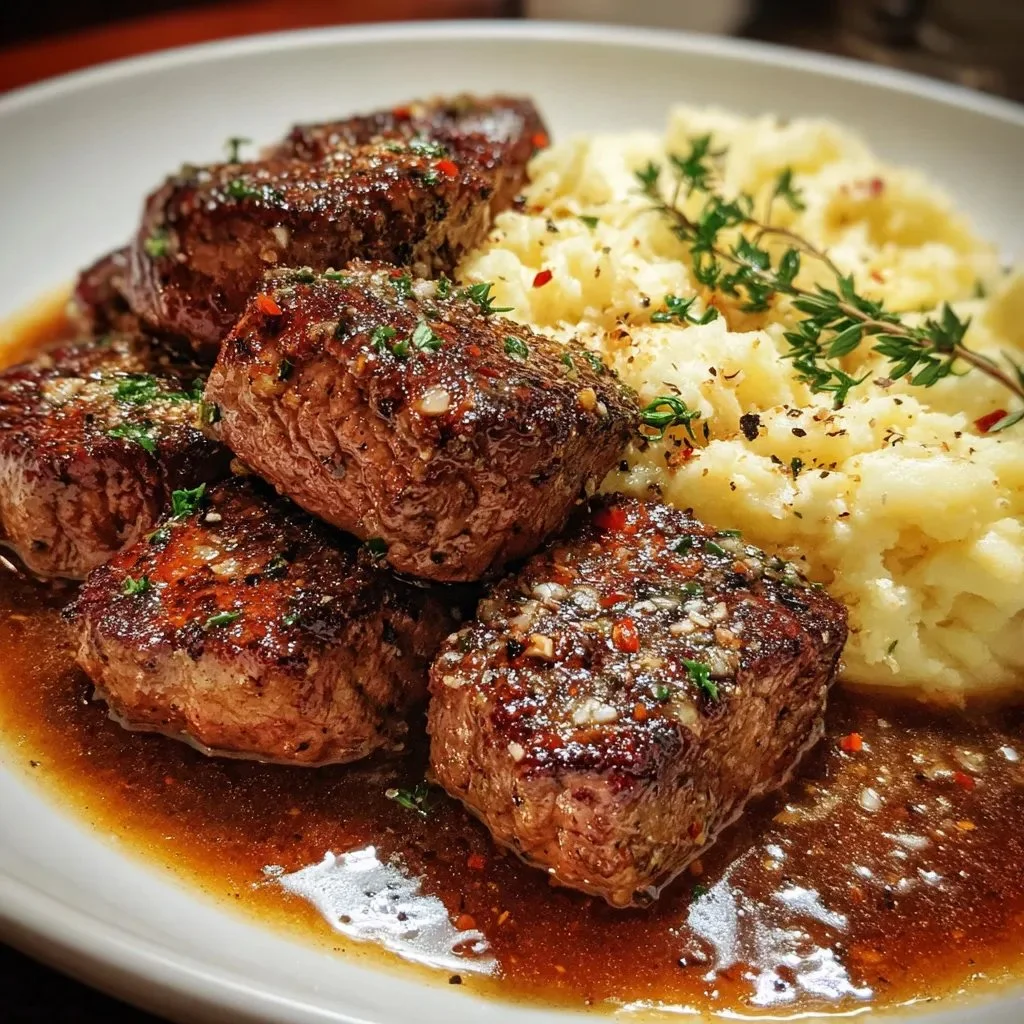 Garlic Pepper Steak Medallions with Buttery Mashed Potatoes on a plate