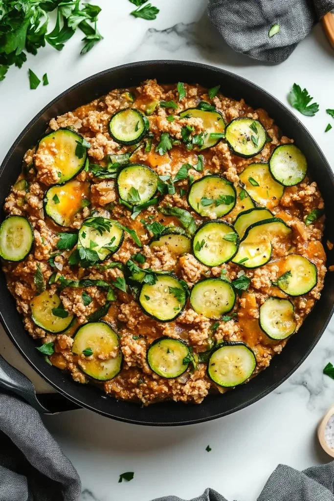Ground turkey and zucchini skillet with colorful veggies and spices