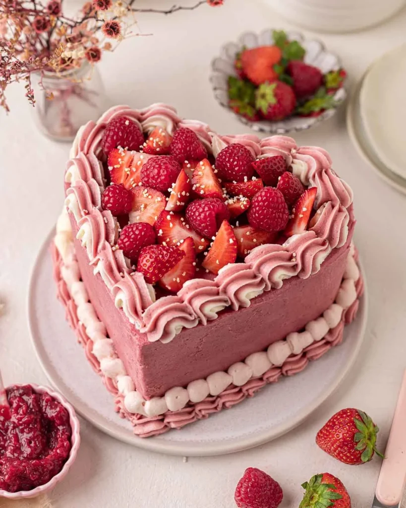 Vegan heart shaped cake decorated with fresh fruits and flowers