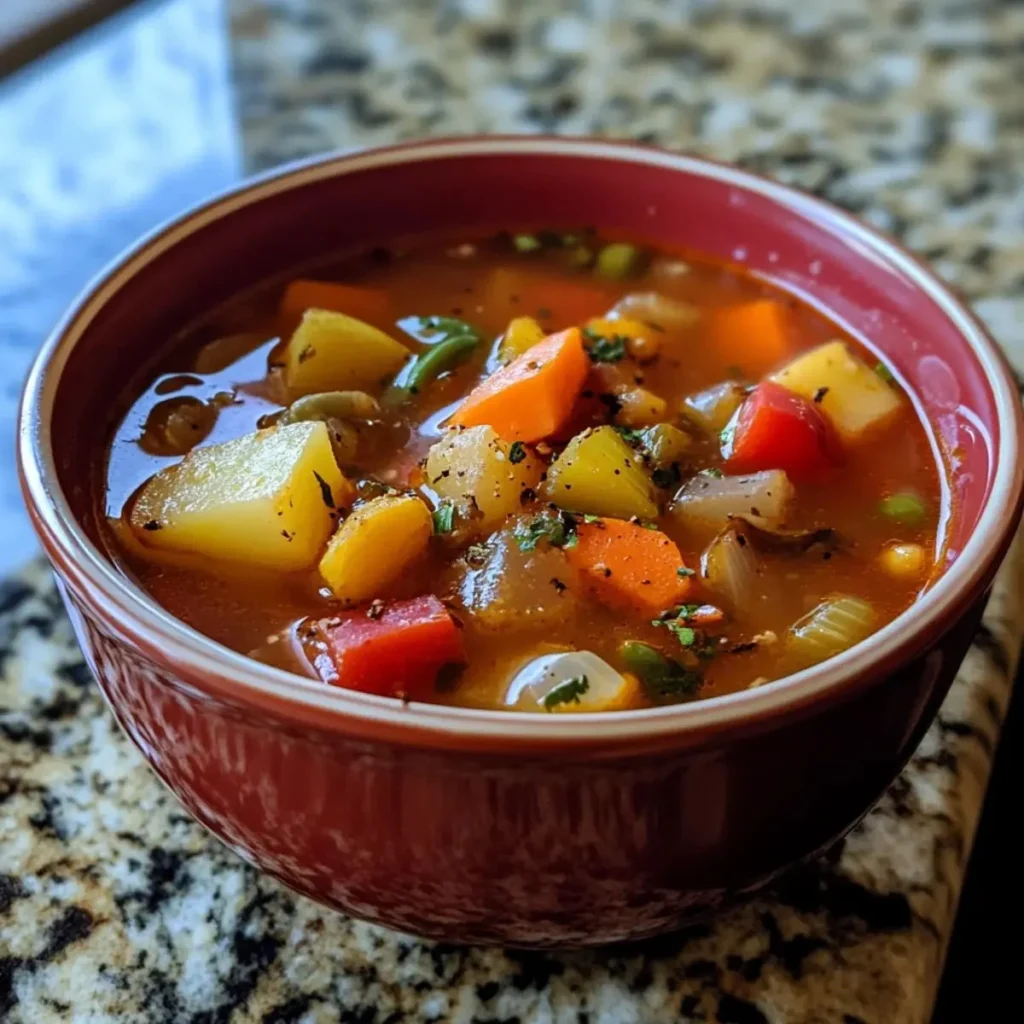 Bowl of hearty vegetable soup filled with fresh vegetables and herbs