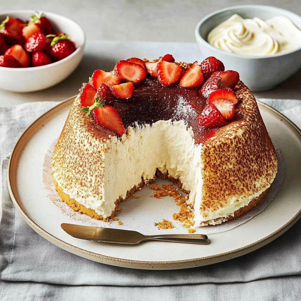 A beautifully baked Heavenly Angel Food Cake topped with whipped cream and berries.
