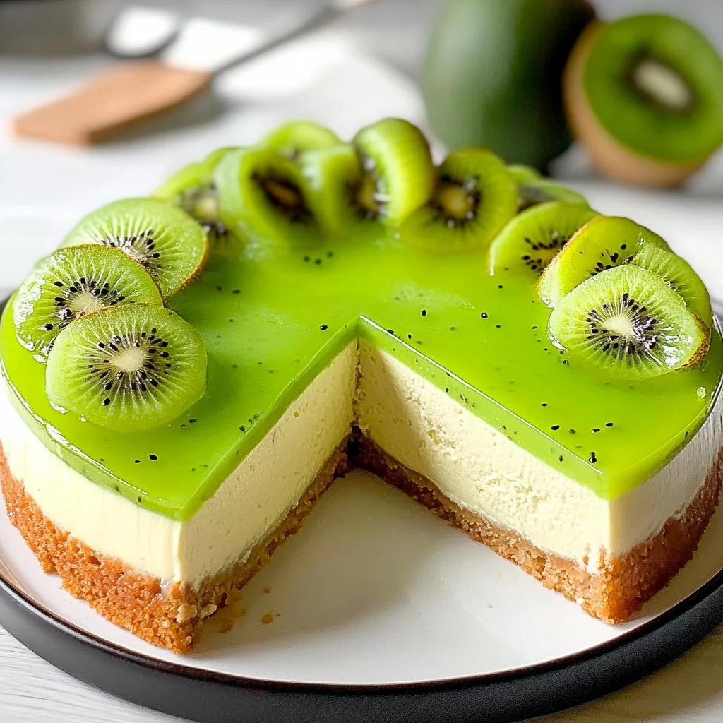 Heavenly kiwi cheesecake with spirulina topping, a delicious dessert treat.