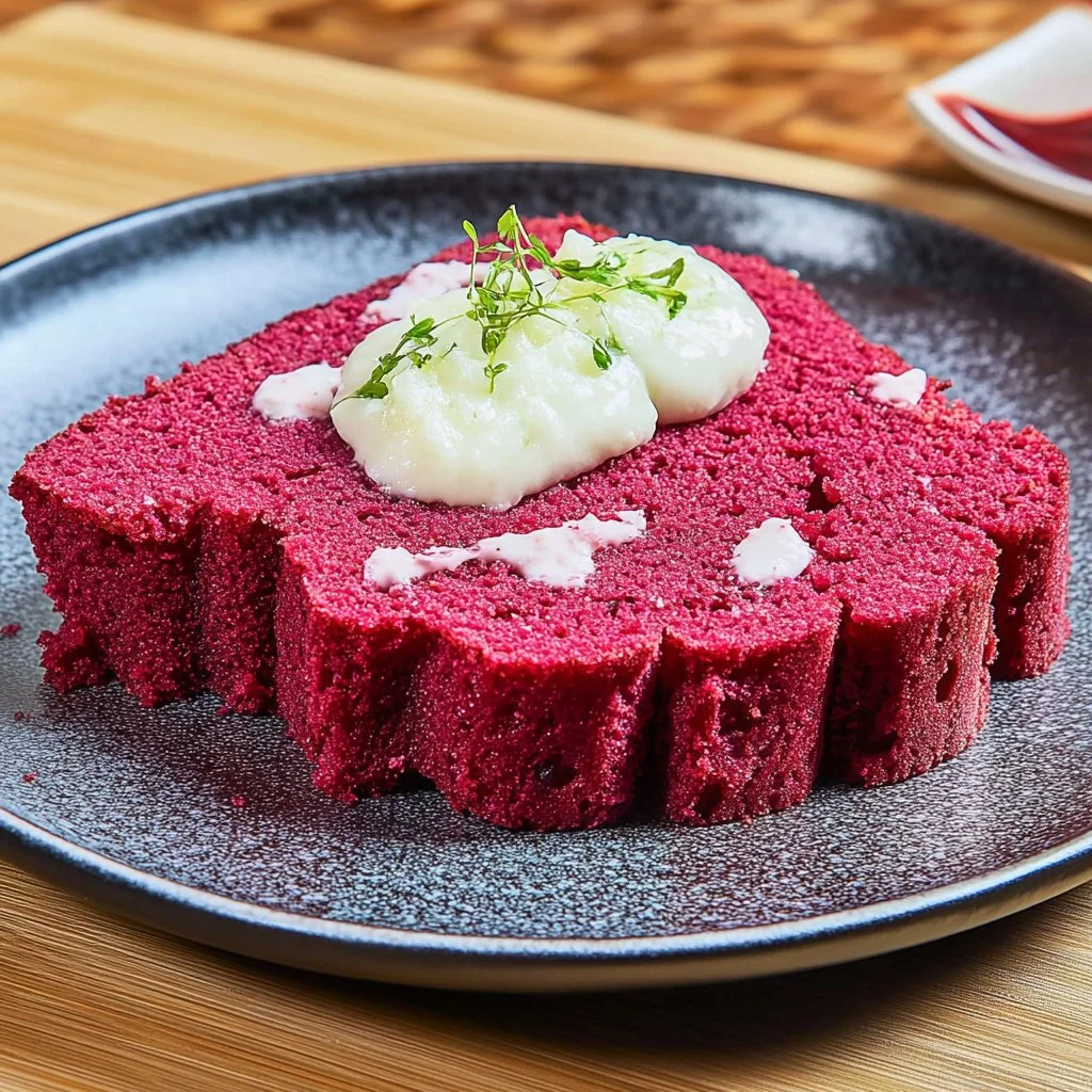 Irresistible beetroot-infused sponge cake topped with cream and fresh berries.