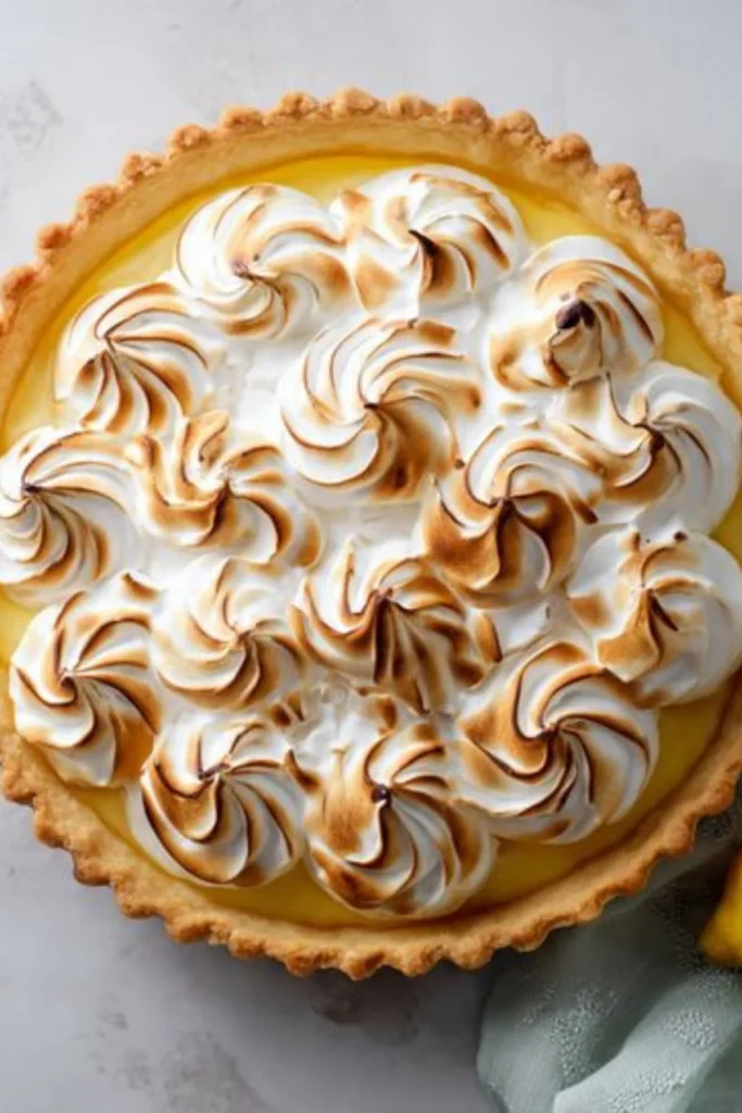 Delicious Lemon Meringue Tart with golden meringue topping and tart lemon filling.
