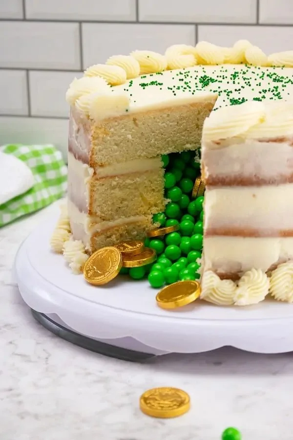 Lucky St. Patrick's Day Cake decorated with green icing and shamrocks