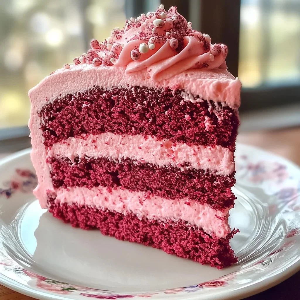 Mother's Day Pink Velvet Cake topped with cream cheese frosting and decorative sprinkles.