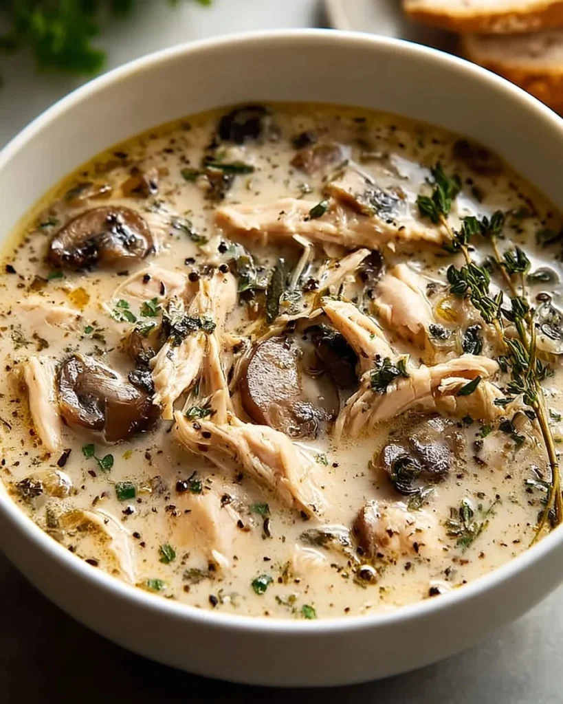Bowl of creamy mushroom soup with rotisserie chicken, garnished with herbs
