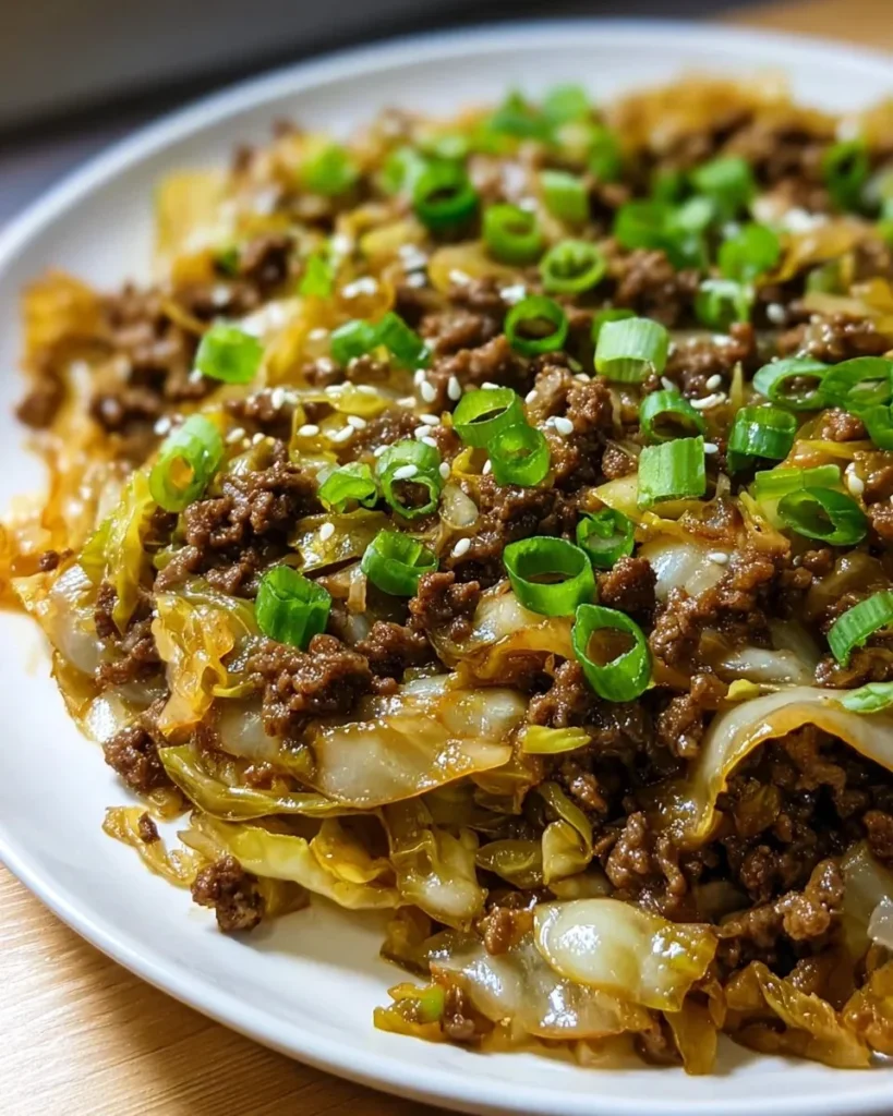 Low carb Mongolian Ground Beef Stir-fry with cabbage on a plate