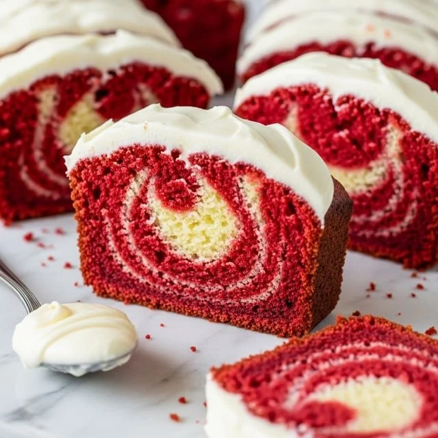 Sliced red velvet loaf cake with cream cheese frosting on a decorative plate