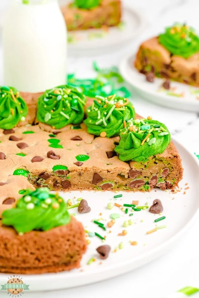 St. Patrick's Day themed cookie cake with festive decorations