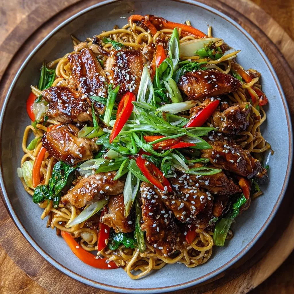 Sticky garlic chicken noodles dish garnished with green onions and sesame seeds
