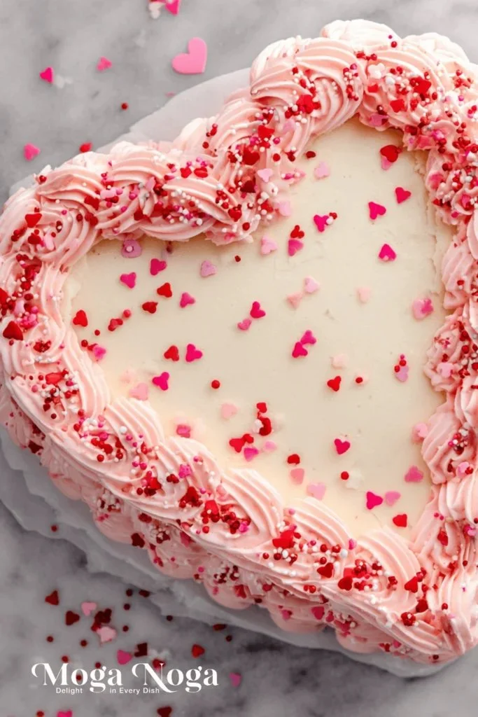 Valentine's Heart Red Velvet Cake decorated with cream cheese frosting