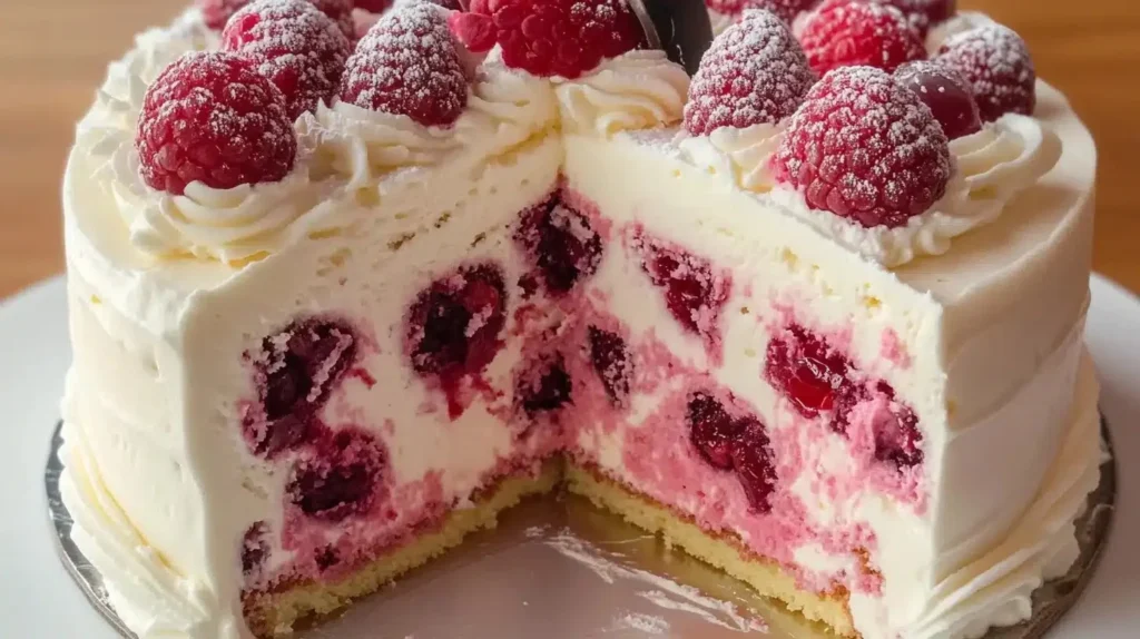 Slice of White Chocolate Raspberry Dream Cake decorated with raspberries.