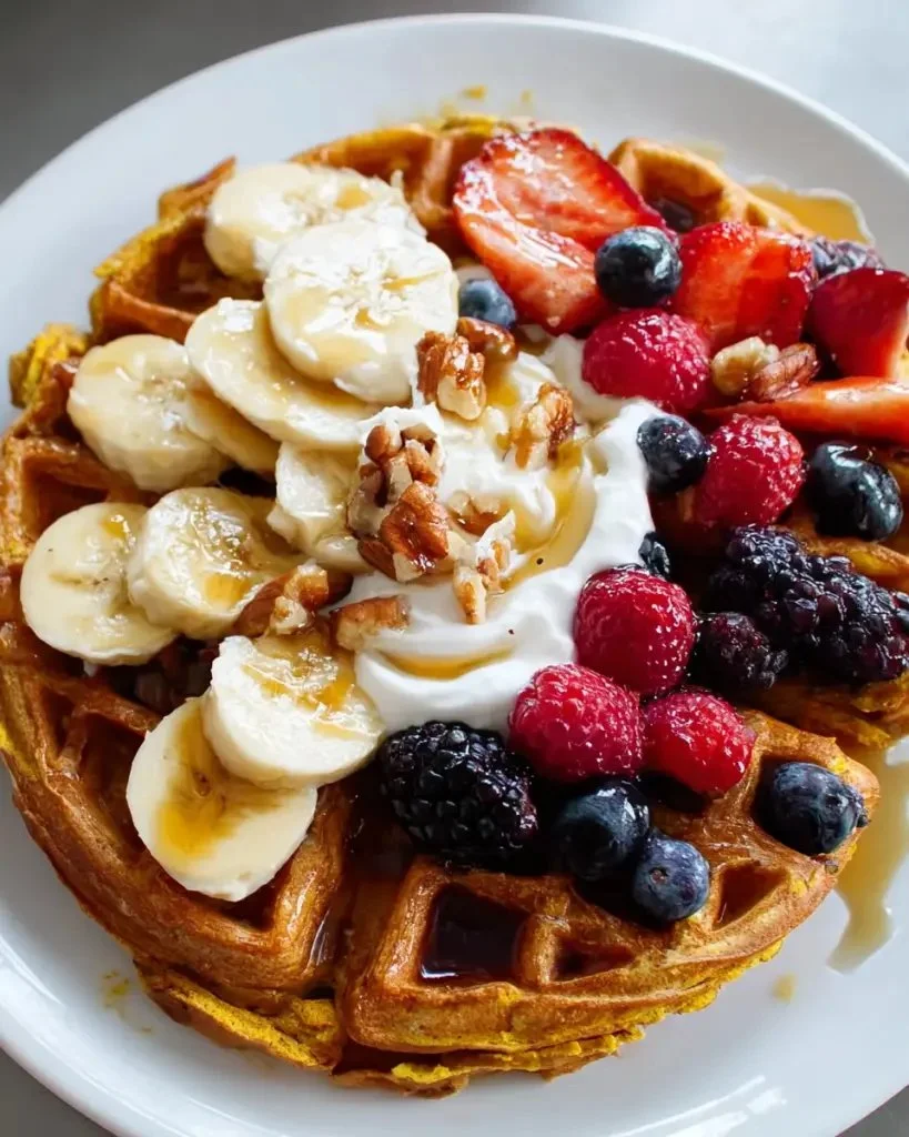Delicious anti-inflammatory turmeric waffles served with fresh fruit