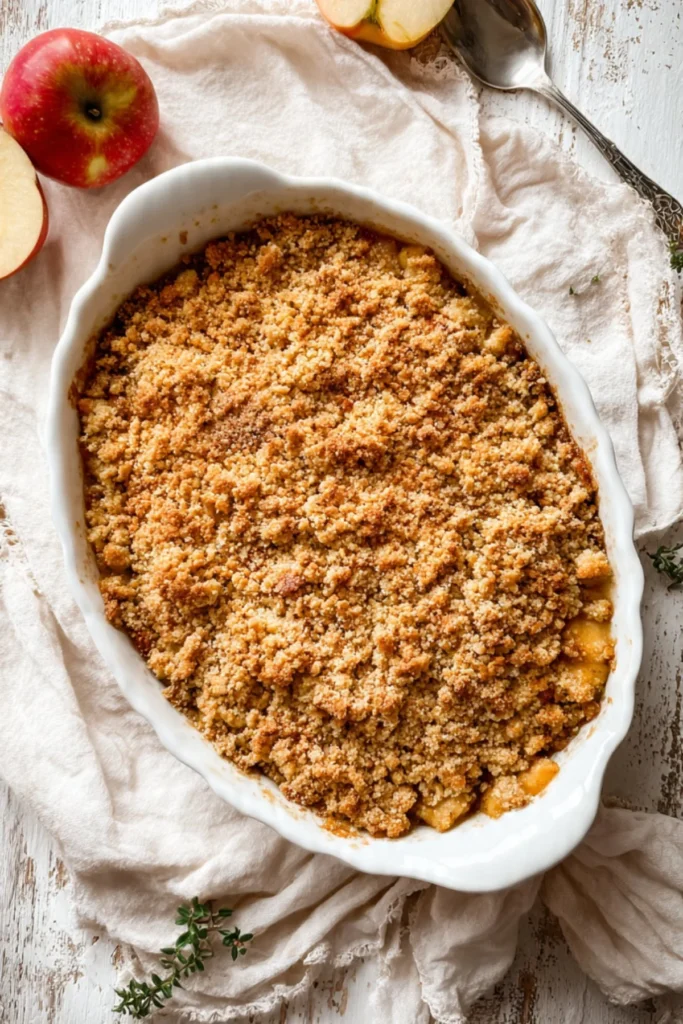 Delicious slice of Apple Brown Betty dessert with cinnamon and crumb topping