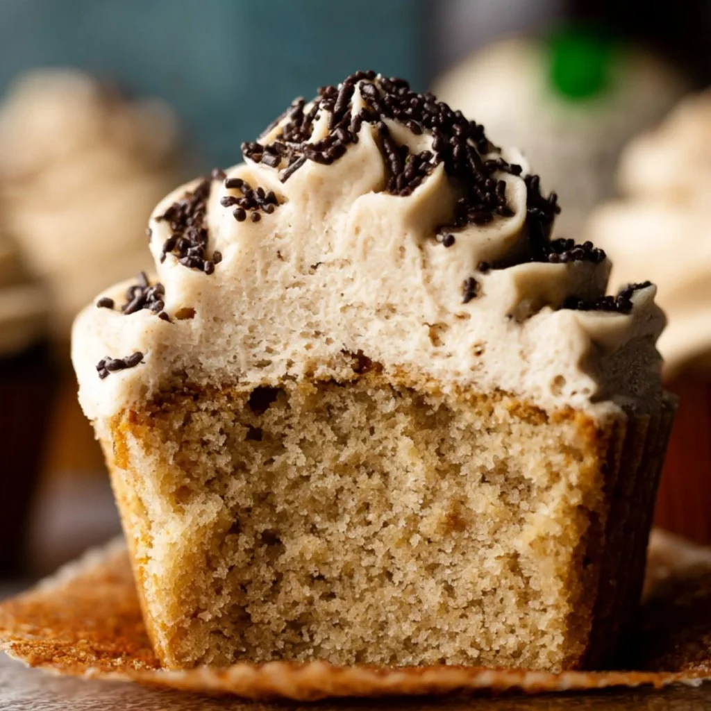 Delicious Baileys and coffee cupcakes topped with creamy frosting.