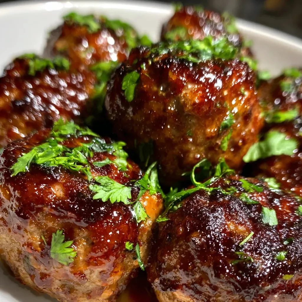 Baked Juicy Smoky Chipotle Meatballs served on a plate with garnish.
