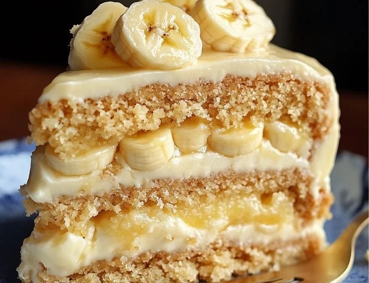 Delicious banana pudding cake topped with whipped cream and fresh bananas
