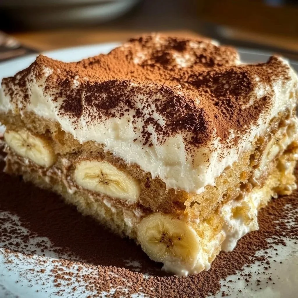 Delicious Banana Tiramisu dessert with layers of bananas and mascarpone cream