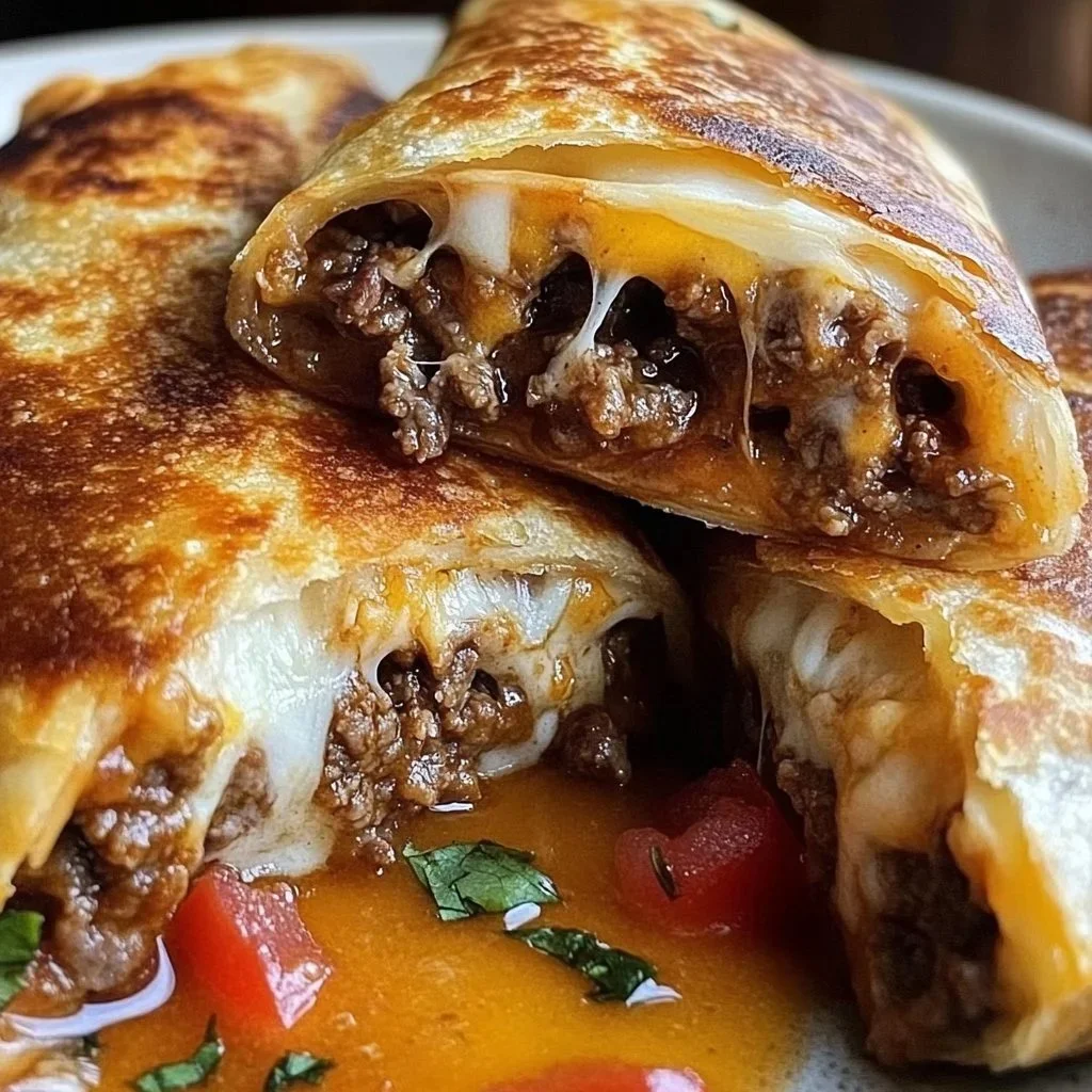 Delicious beef and cheese chimichangas served with salsa and sour cream