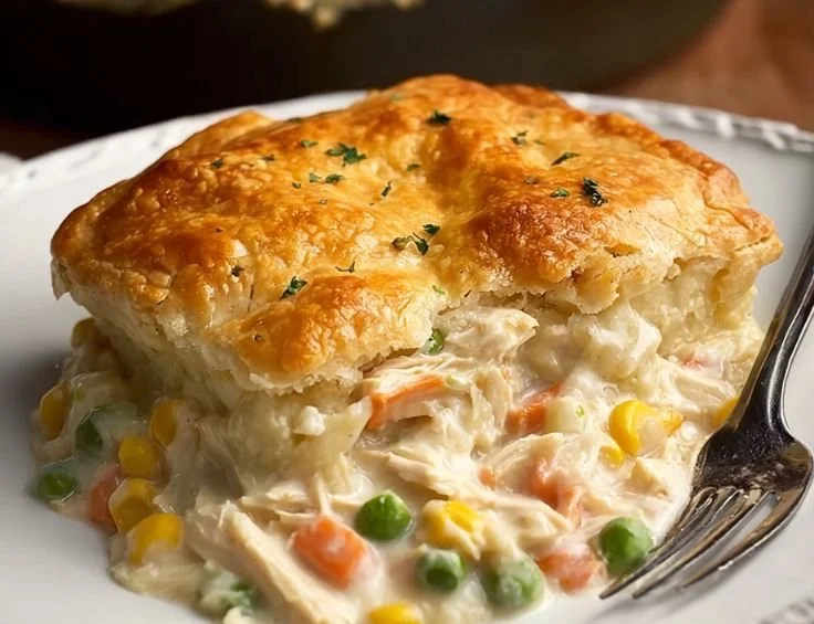 Delicious Bisquick Chicken Pot Pie ready to serve