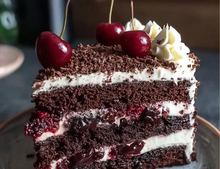 Decadent Black Forest Cake with cherries and chocolate layers