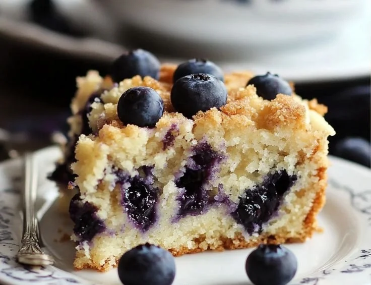 Delicious blueberry coffee cake slices on a plate with fresh blueberries