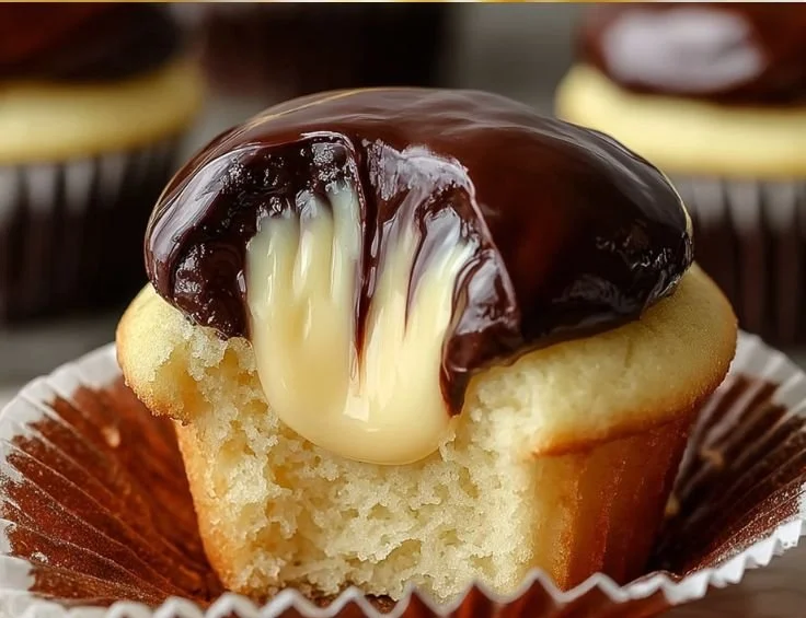 Boston Cream Cupcakes topped with chocolate icing and filled with cream
